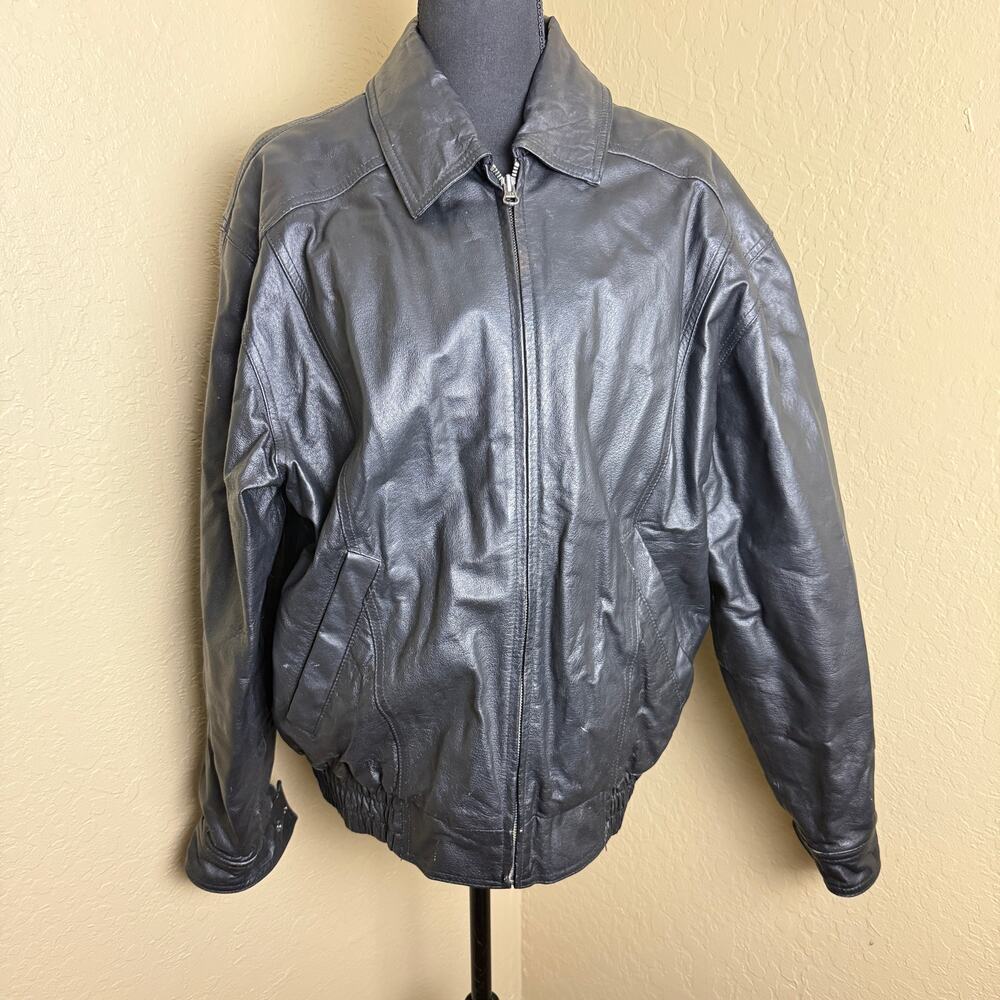 Shaver Lake Mens M Black Genuine Leather Bomber Jacket Quilted Lined Zip